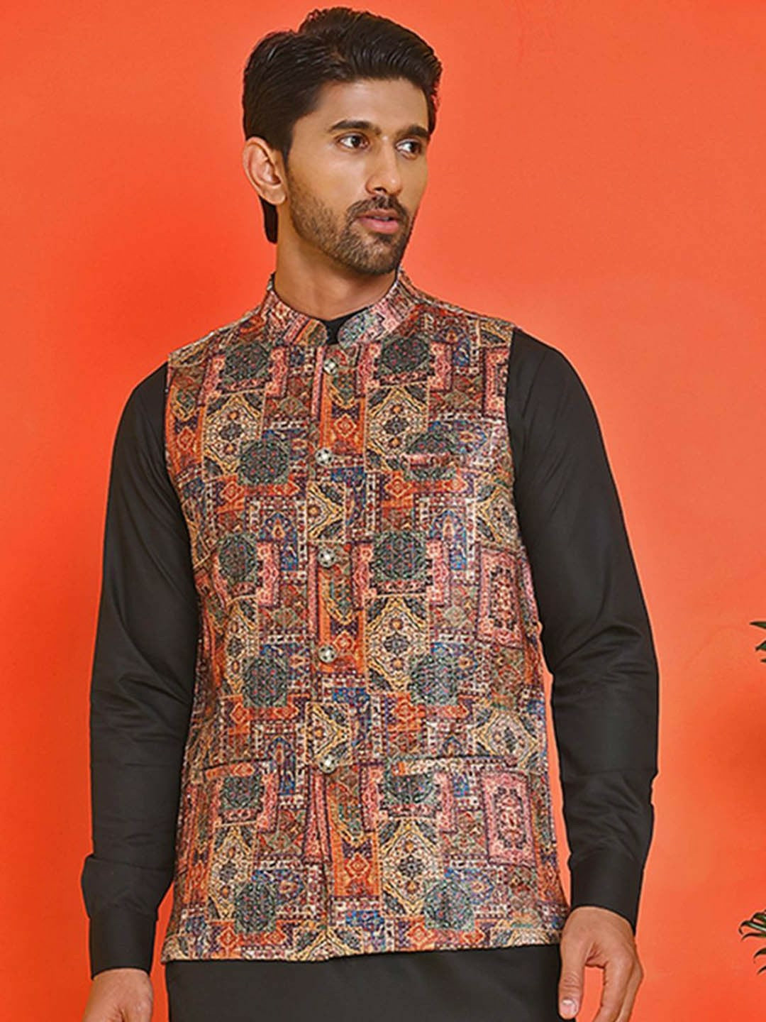 Men’s Peach Embroidered Nehru Jacket