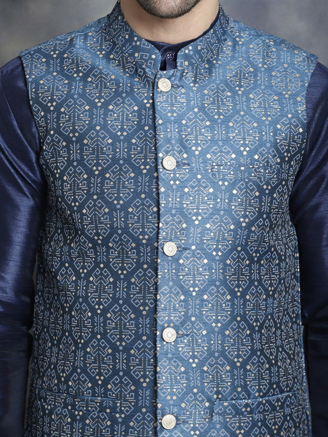 Men’s Navy Blue & White Printed Nehru Jacket