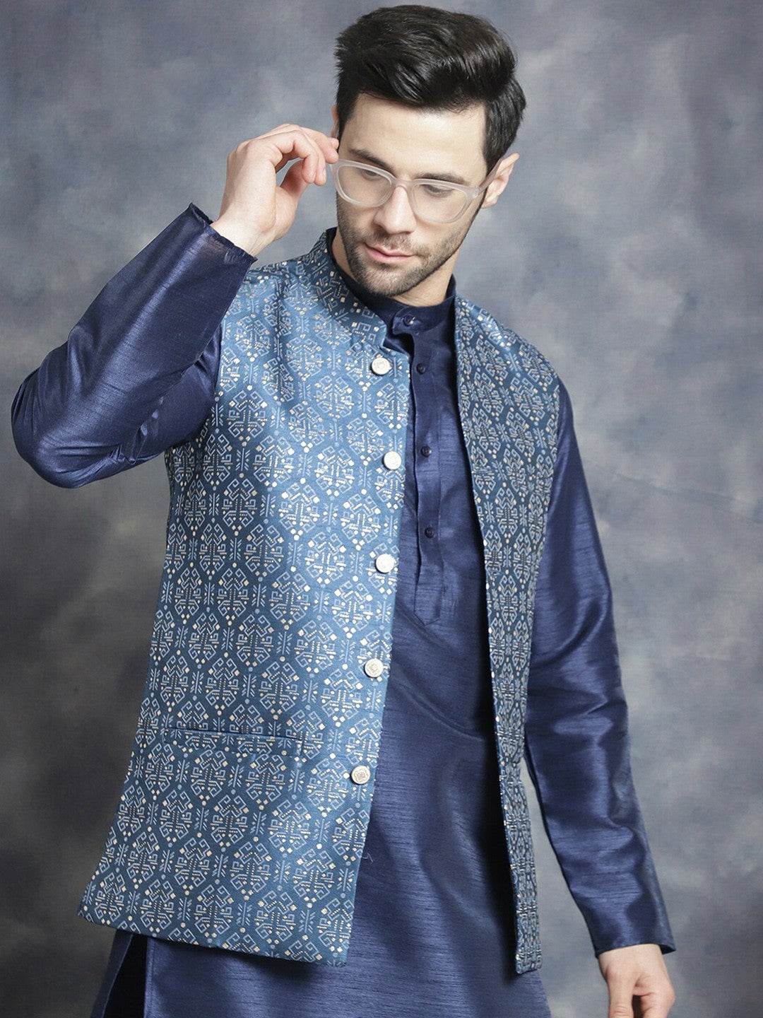 Men’s Navy Blue & White Printed Nehru Jacket
