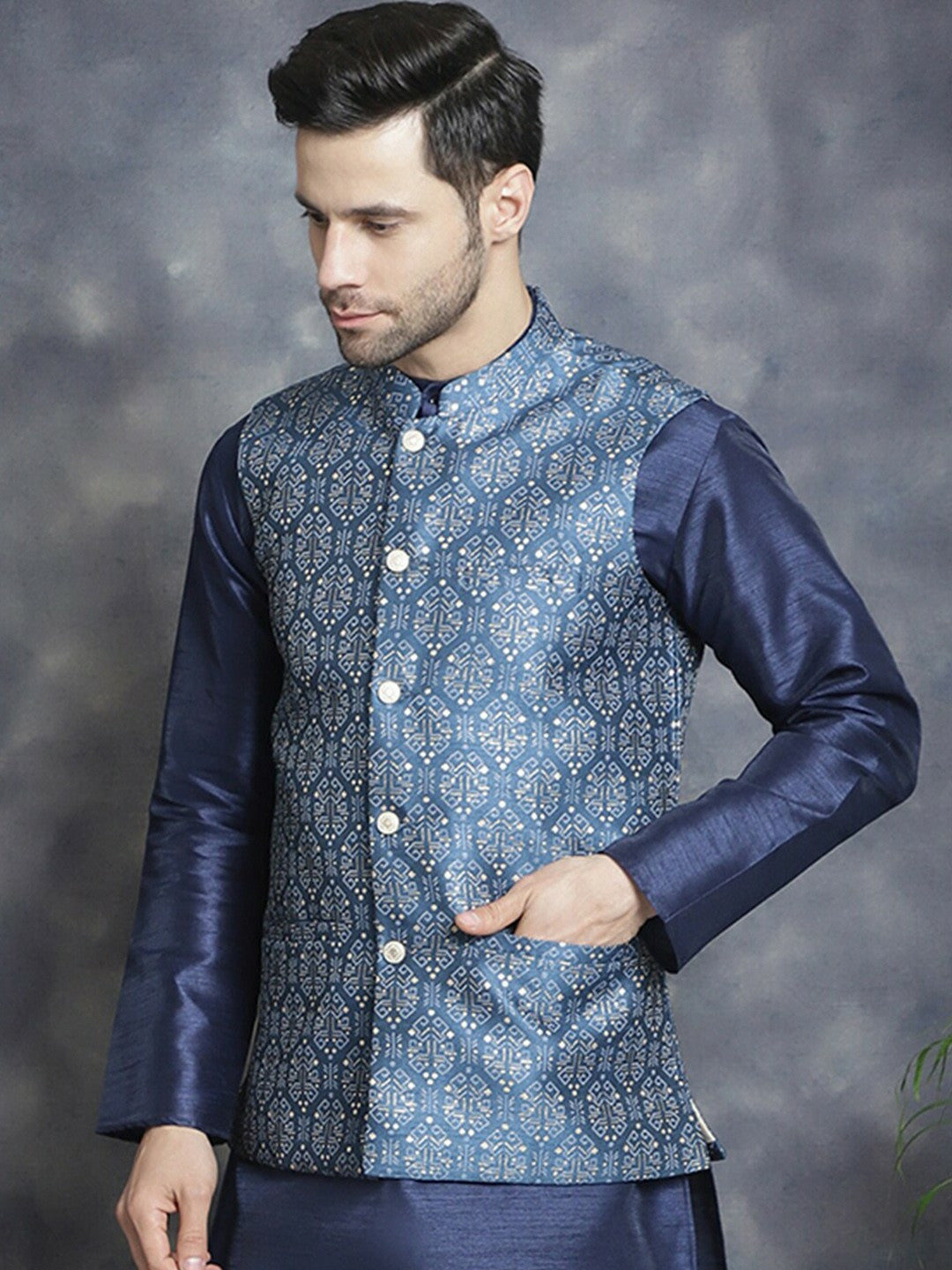 Men’s Navy Blue & White Printed Nehru Jacket