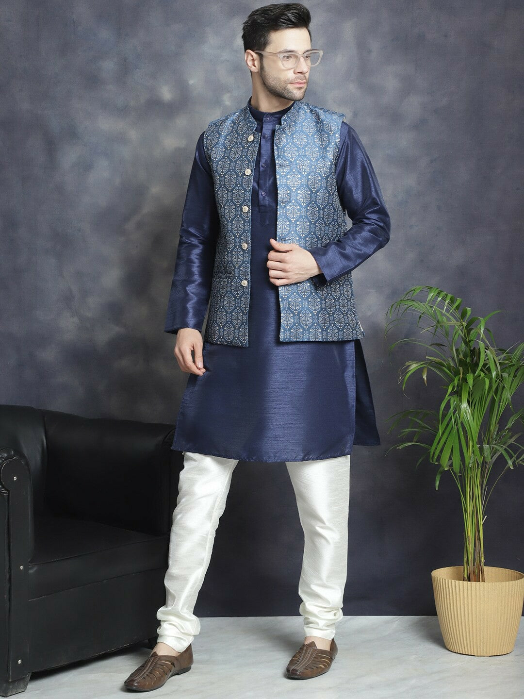 Men’s Navy Blue & White Printed Nehru Jacket