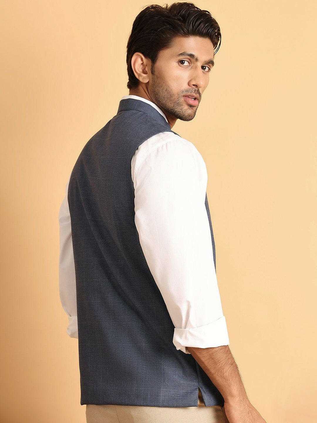 Refined Blue Check Nehru Jacket in Cotton for Men | Indiaista