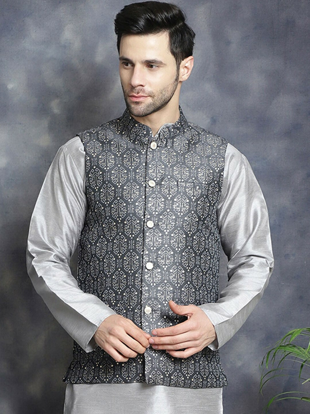 Men’s Charcoal Grey Printed Nehru Jacket