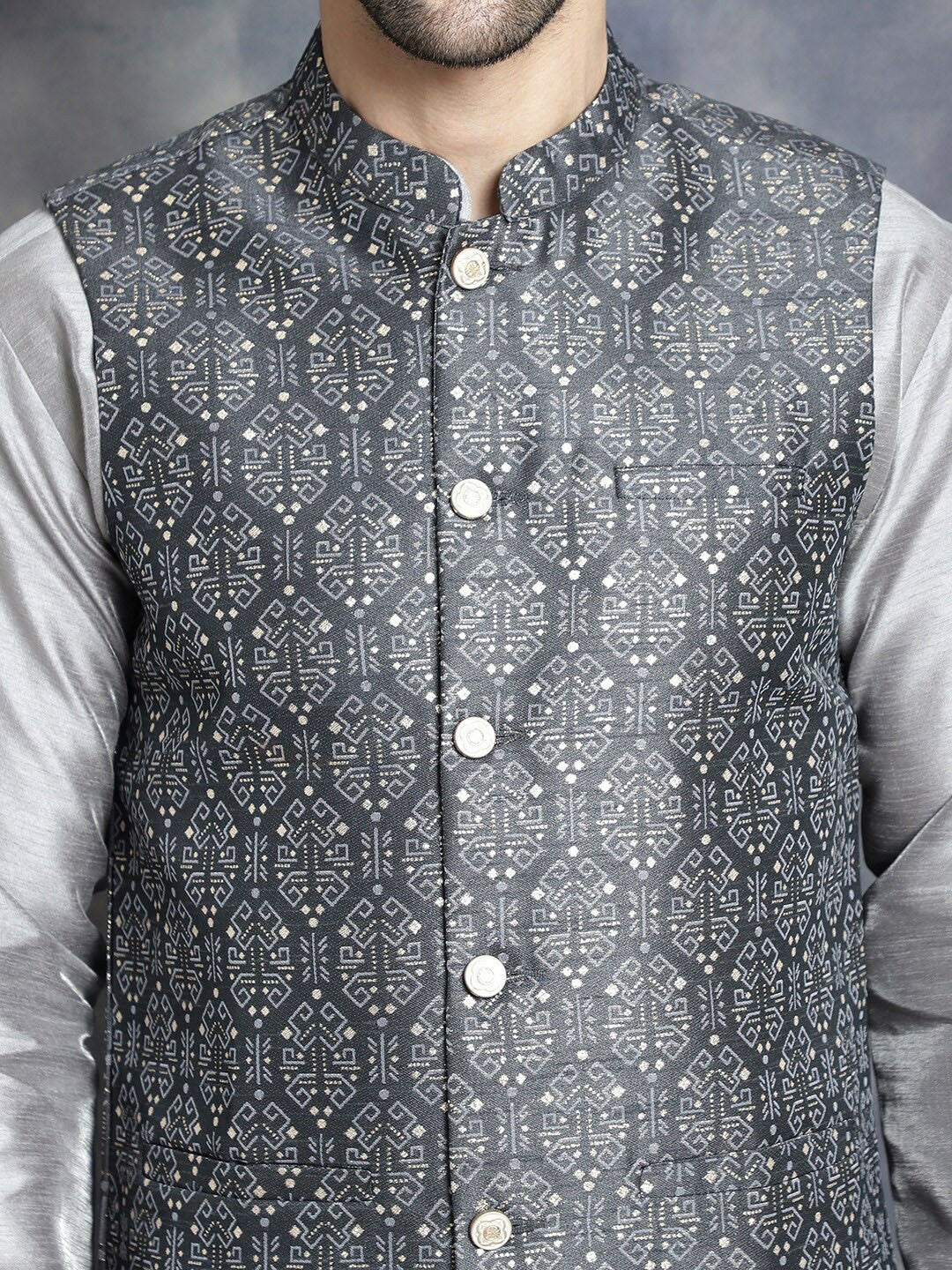 Men’s Charcoal Grey Printed Nehru Jacket