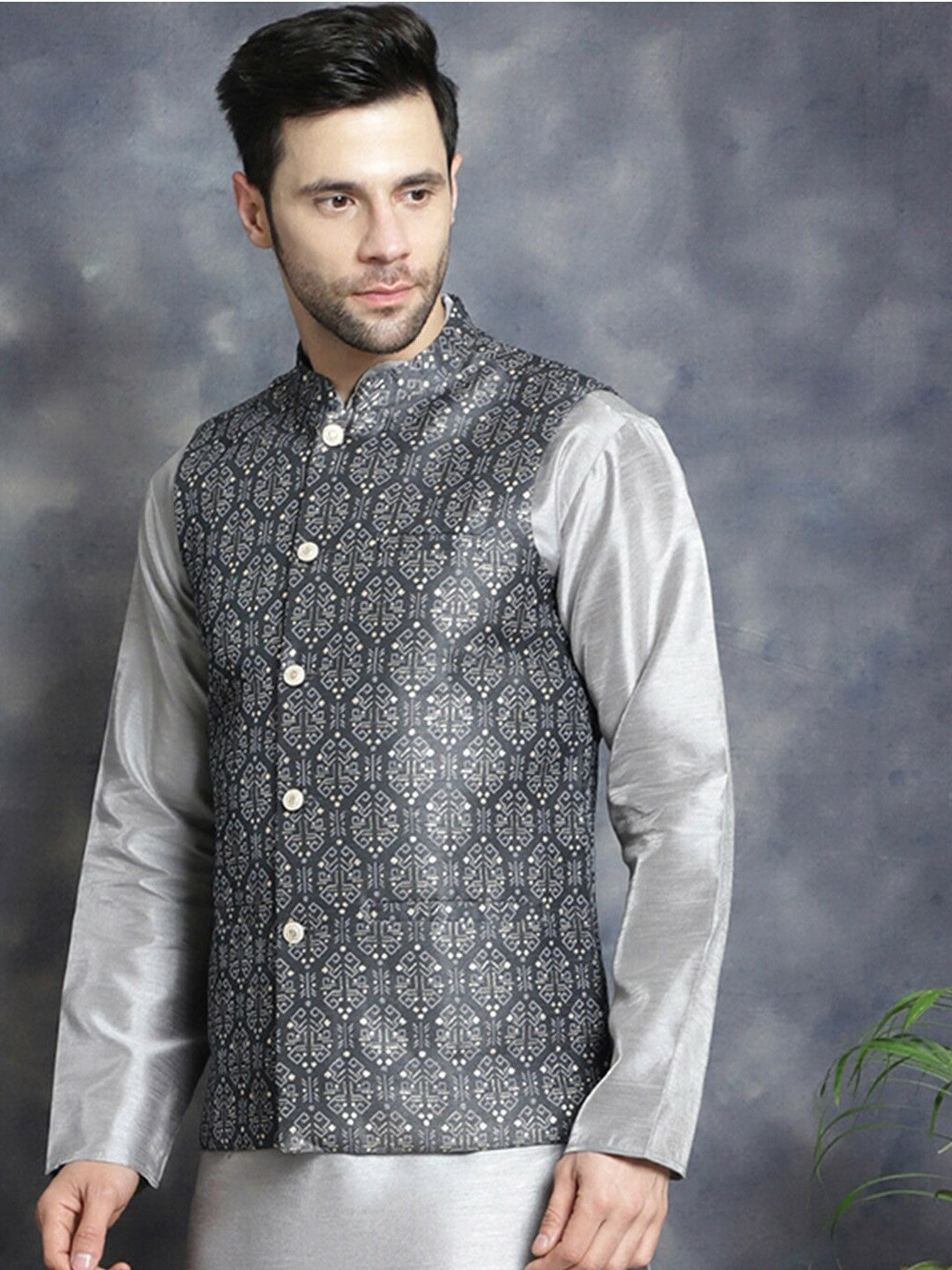 Men’s Charcoal Grey Printed Nehru Jacket