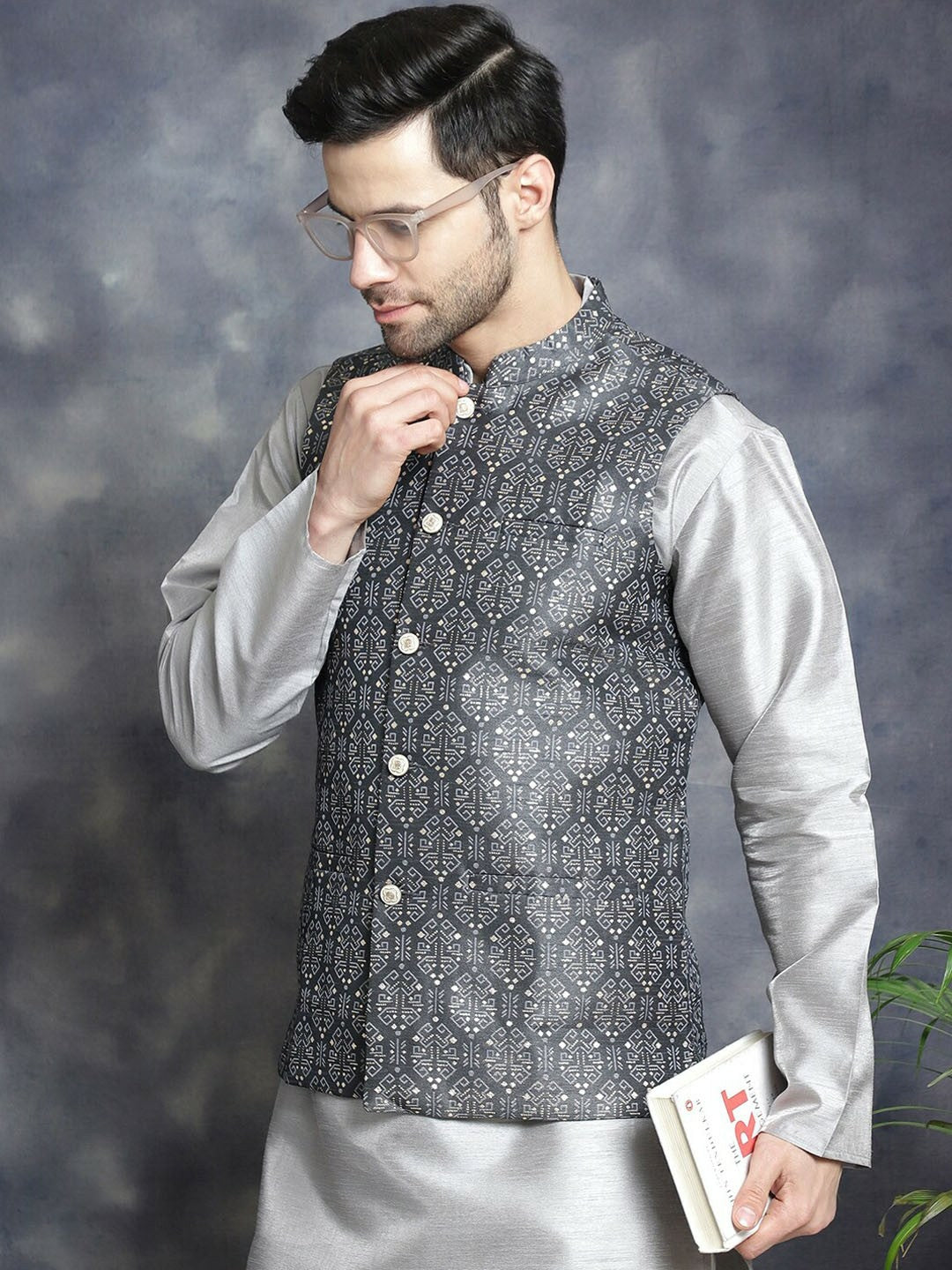 Men’s Charcoal Grey Printed Nehru Jacket