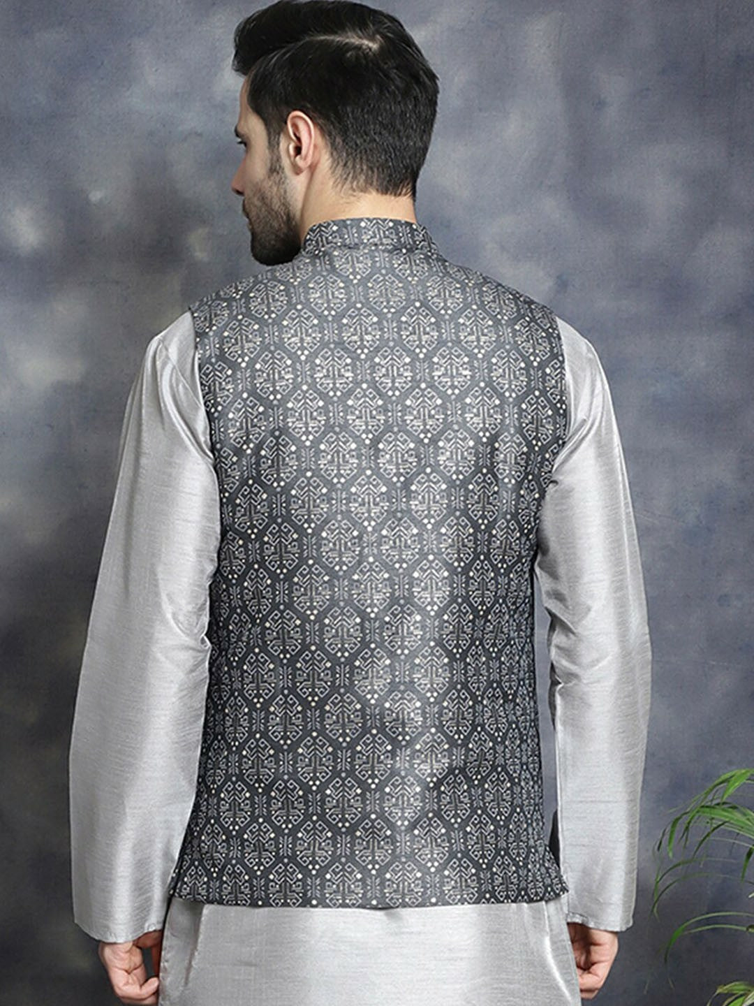 Men’s Charcoal Grey Printed Nehru Jacket