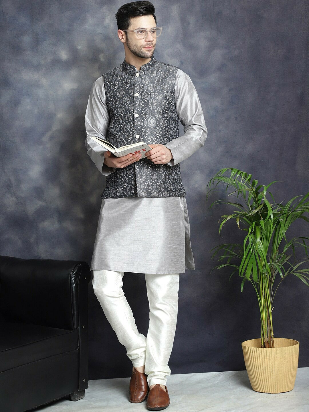 Men’s Charcoal Grey Printed Nehru Jacket