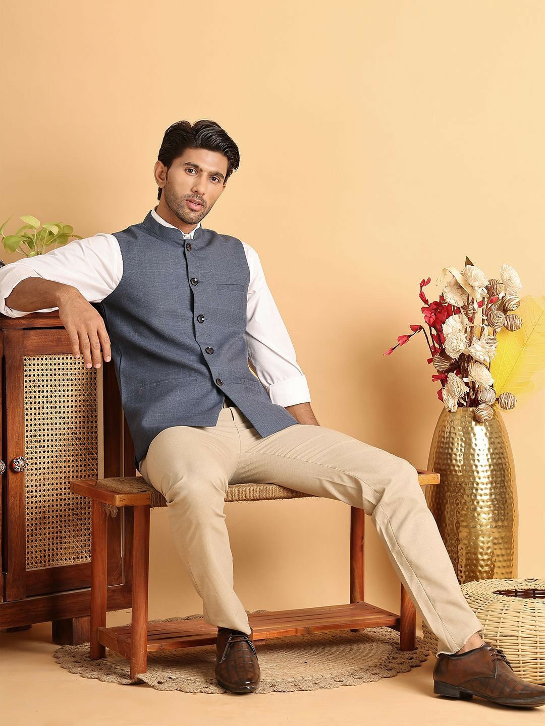 Refined Blue Check Nehru Jacket in Cotton for Men | Indiaista