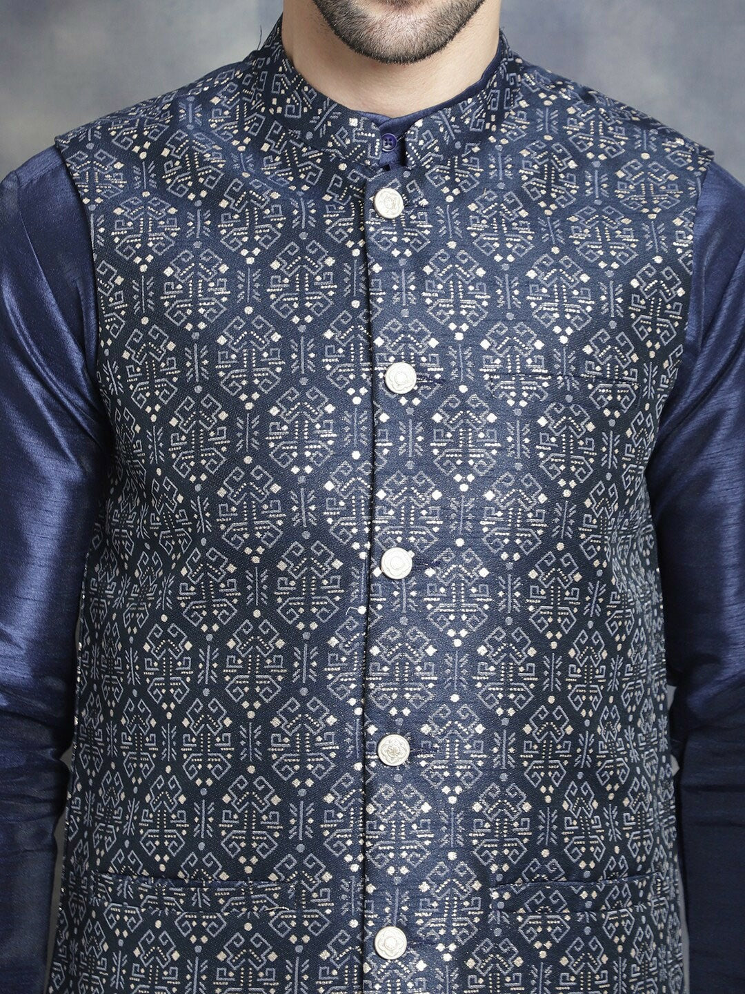 Men’s Navy Blue Ethnic Printed Nehru Jacket