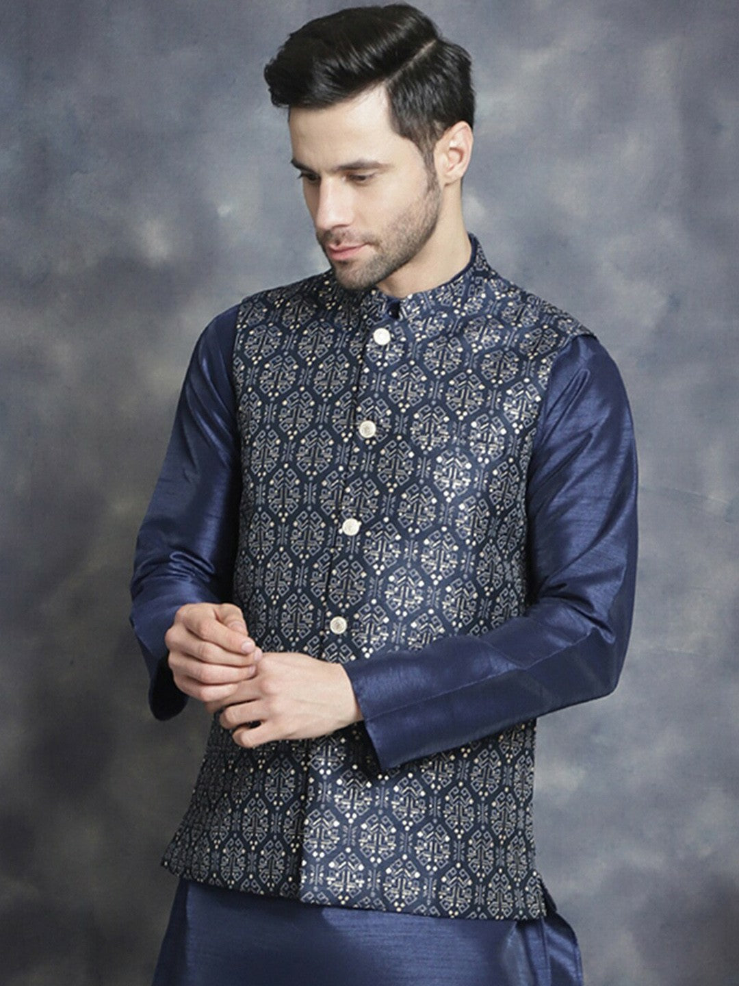 Men’s Navy Blue Ethnic Printed Nehru Jacket