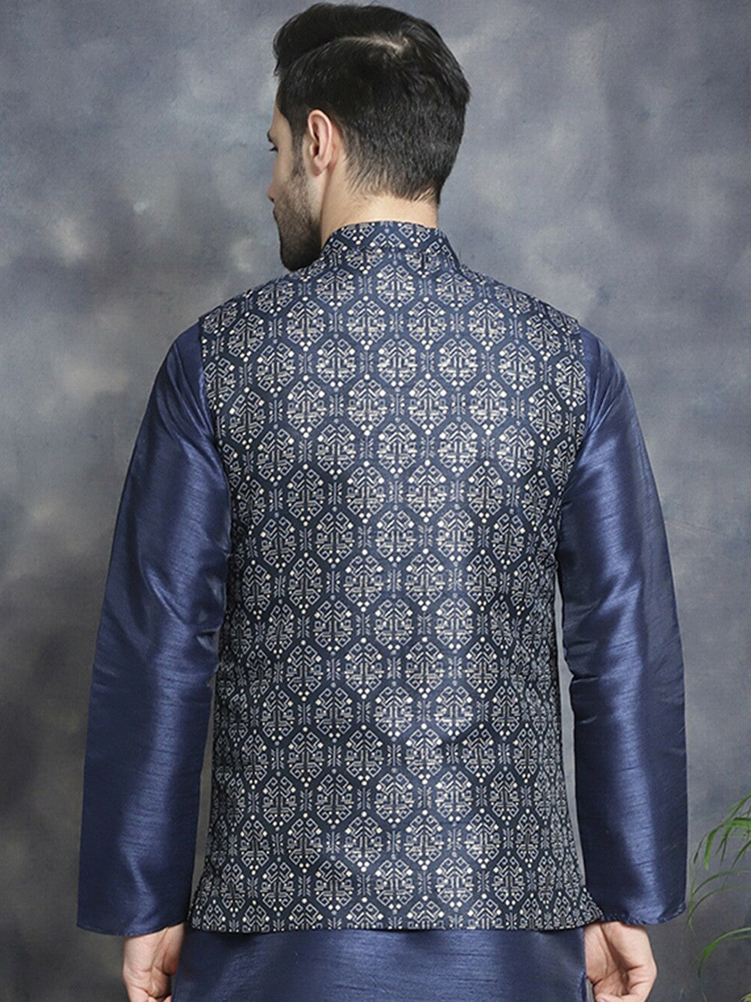 Men’s Navy Blue Ethnic Printed Nehru Jacket