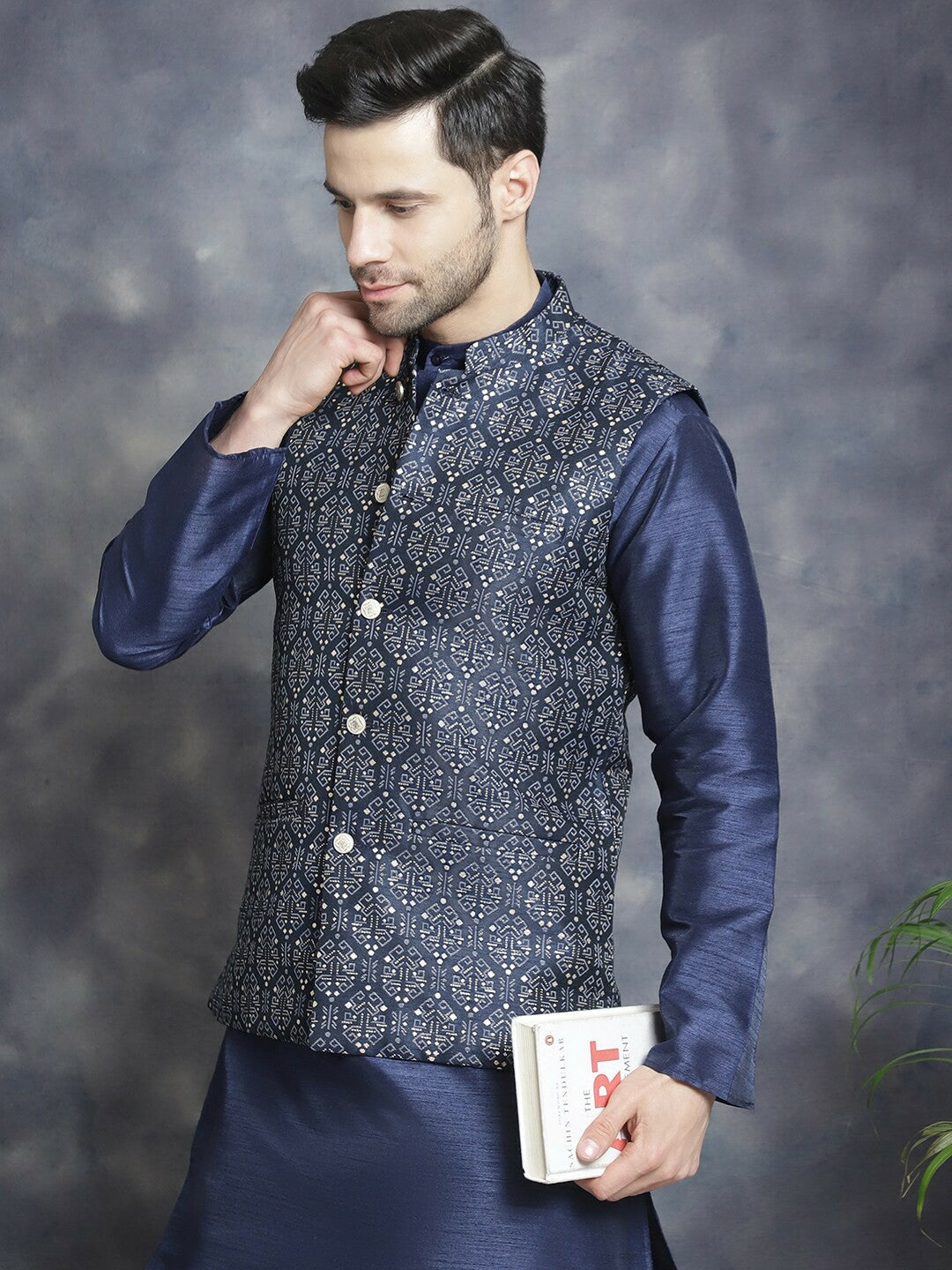 Men’s Navy Blue Ethnic Printed Nehru Jacket
