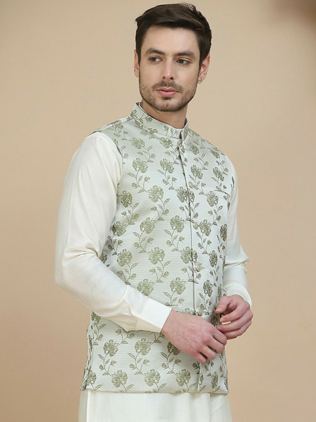 Green Printed Satin Nehru Jacket for Men | indiaista