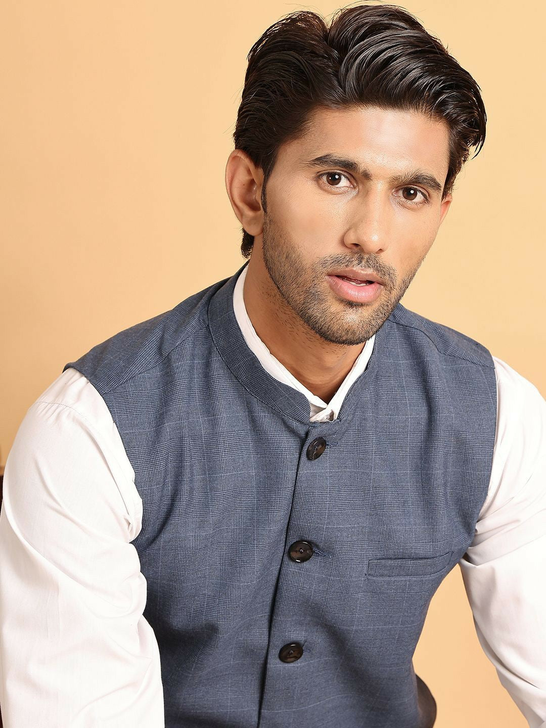 Refined Blue Check Nehru Jacket in Cotton for Men | Indiaista