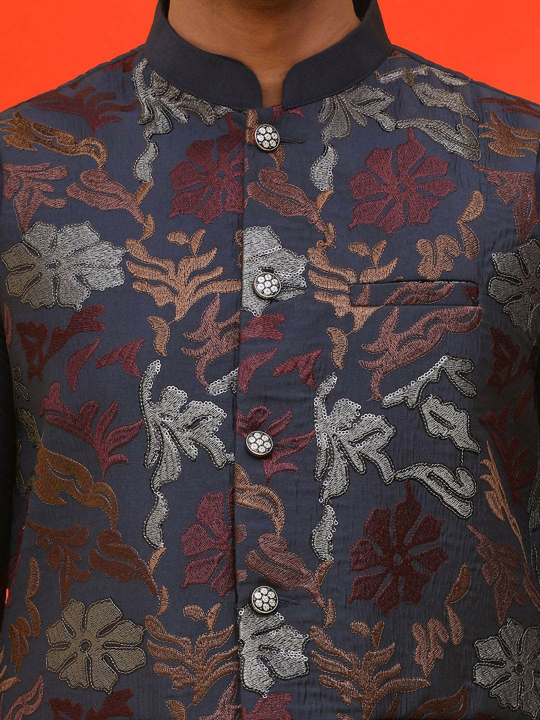 Men’s Navy Blue Embroidered Nehru Vest – Silk Blend Ethnic Waistcoat
