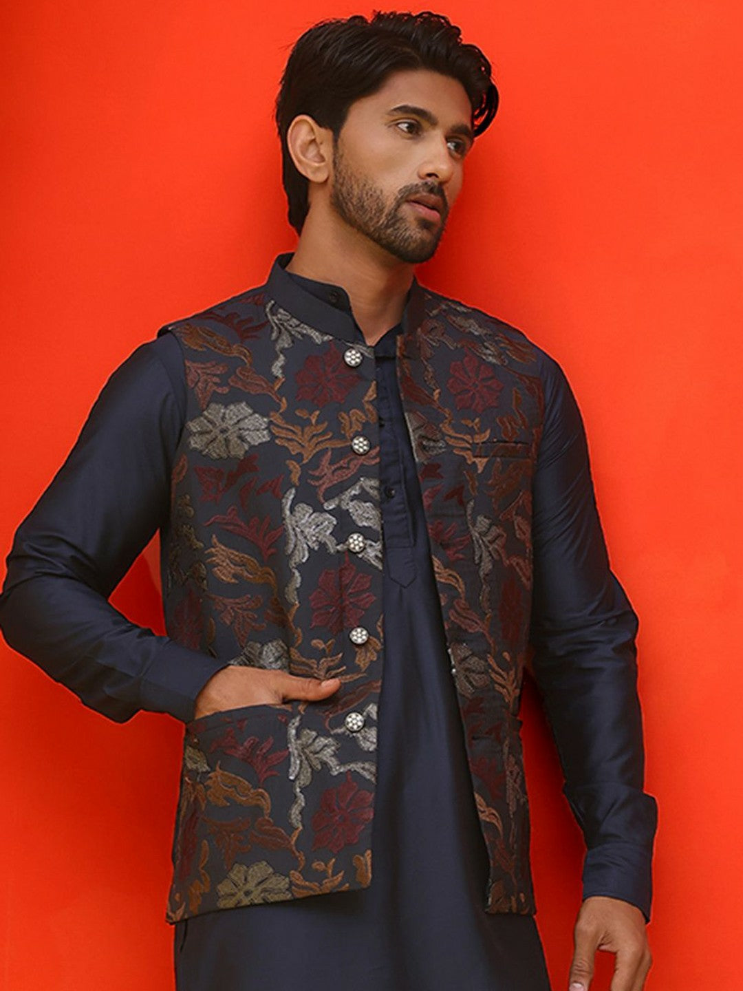 Men’s Navy Blue Embroidered Nehru Vest – Silk Blend Ethnic Waistcoat