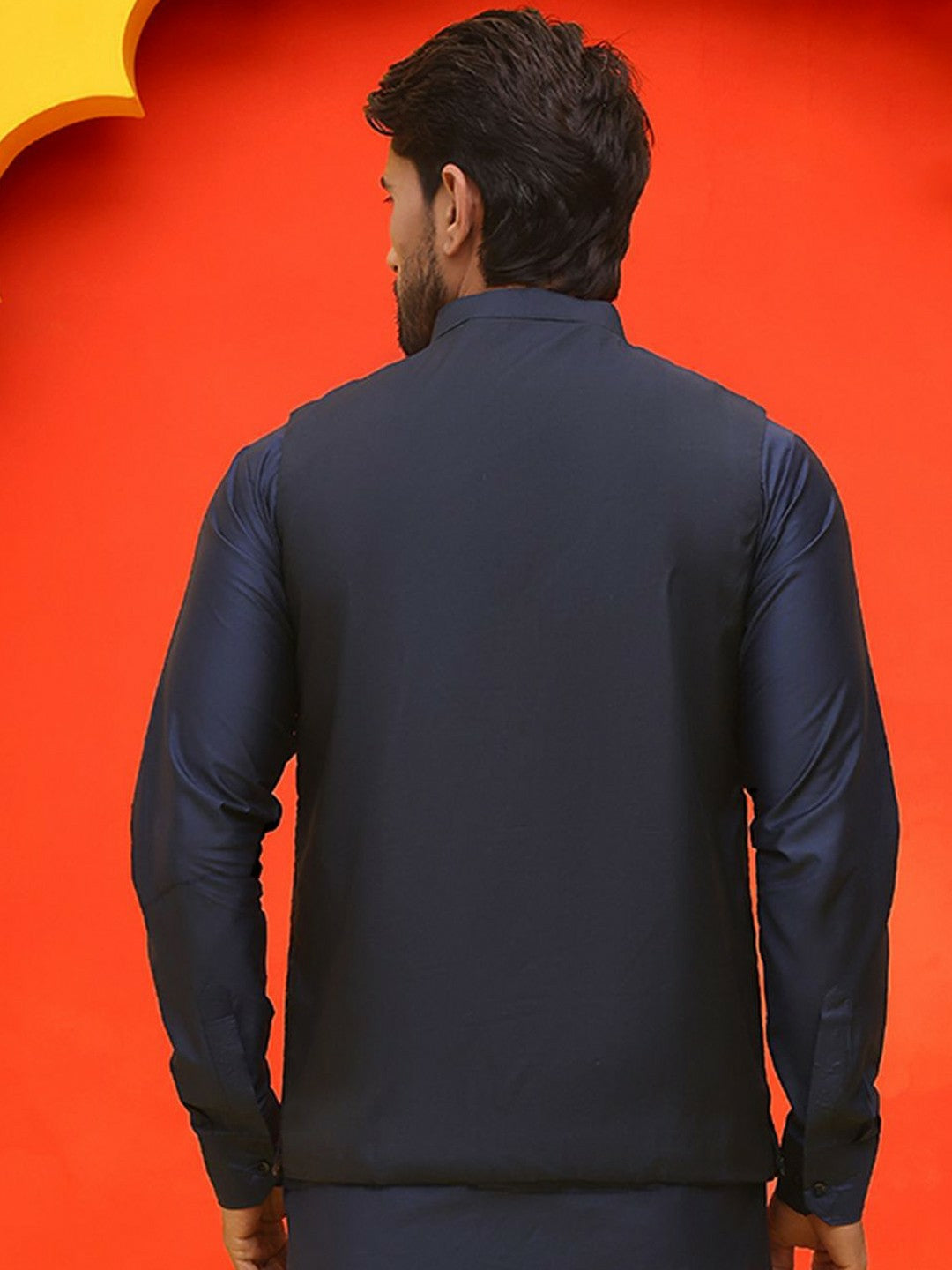 Men’s Navy Blue Embroidered Nehru Vest – Silk Blend Ethnic Waistcoat