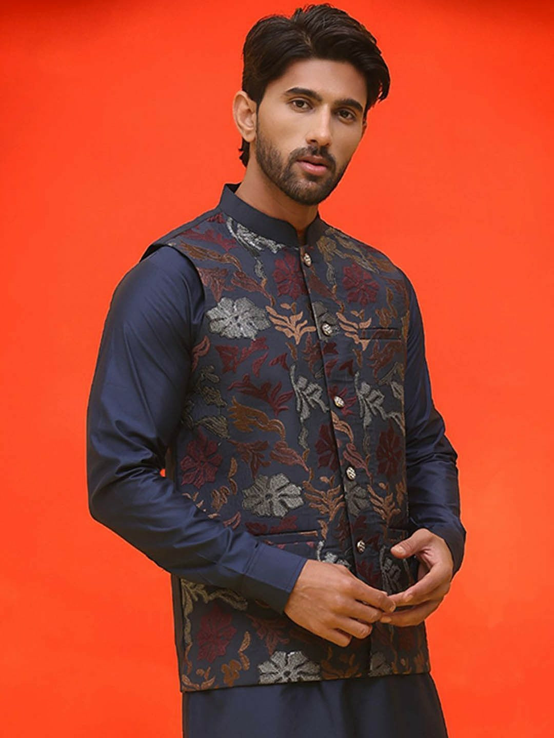 Men’s Navy Blue Embroidered Nehru Vest – Silk Blend Ethnic Waistcoat