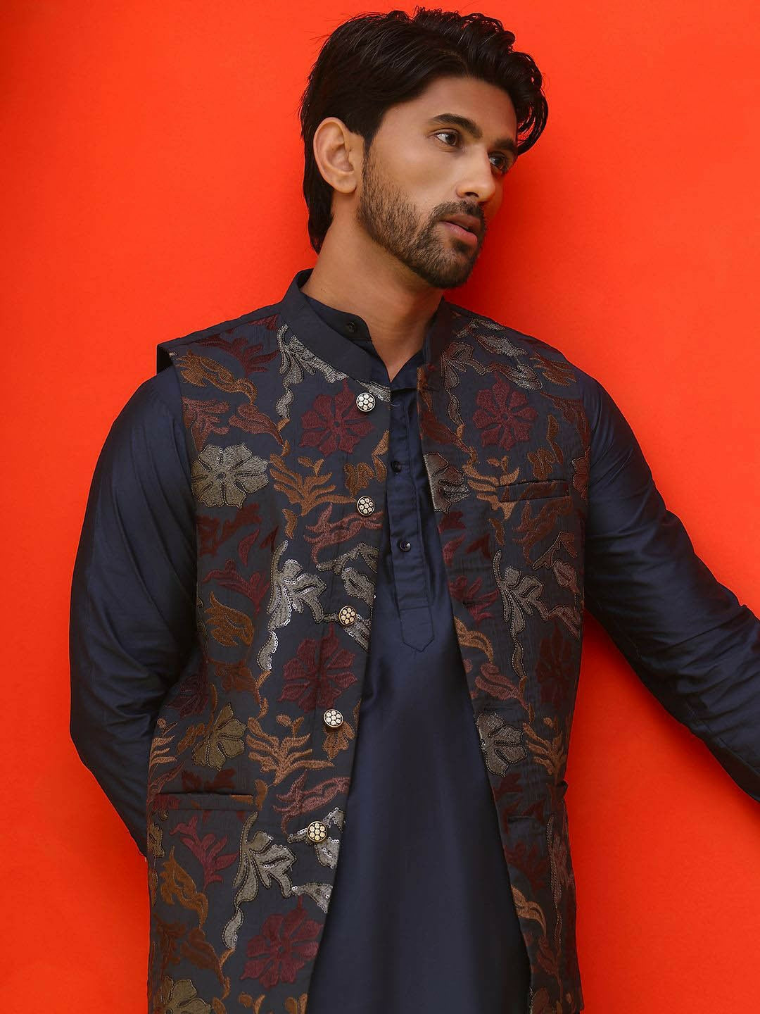 Men’s Navy Blue Embroidered Nehru Vest – Silk Blend Ethnic Waistcoat