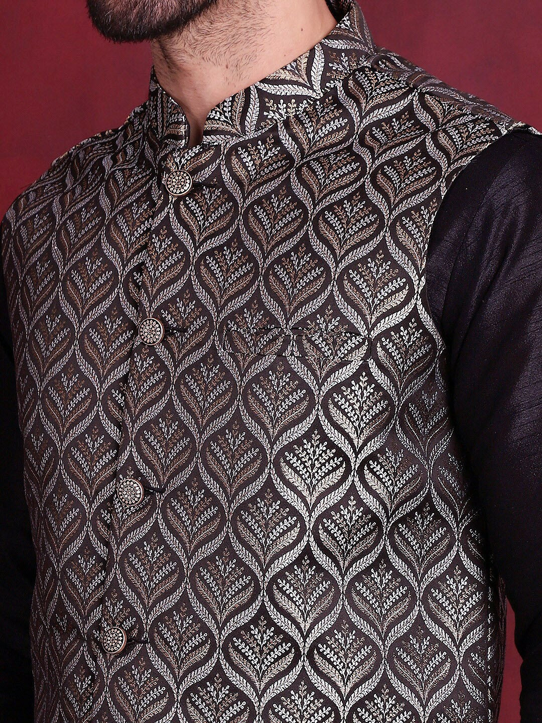 Men’s Black & Silver Nehru Vest – Woven Silk Blend Ethnic Jacket