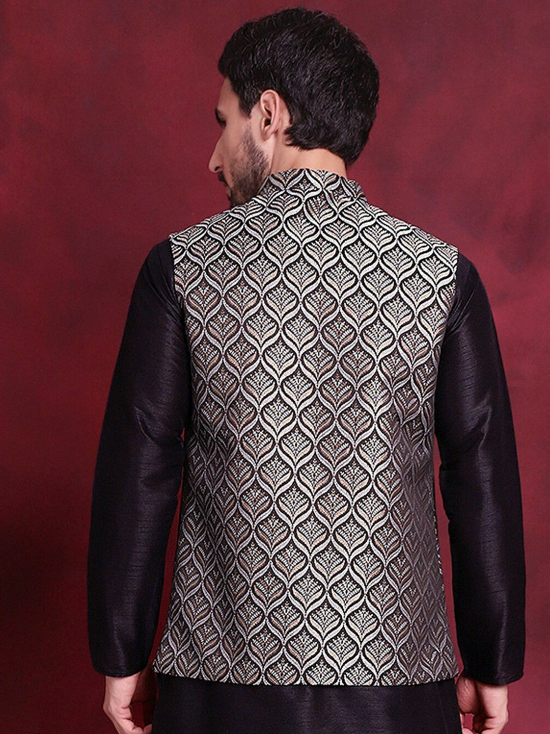 Men’s Black & Silver Nehru Vest – Woven Silk Blend Ethnic Jacket