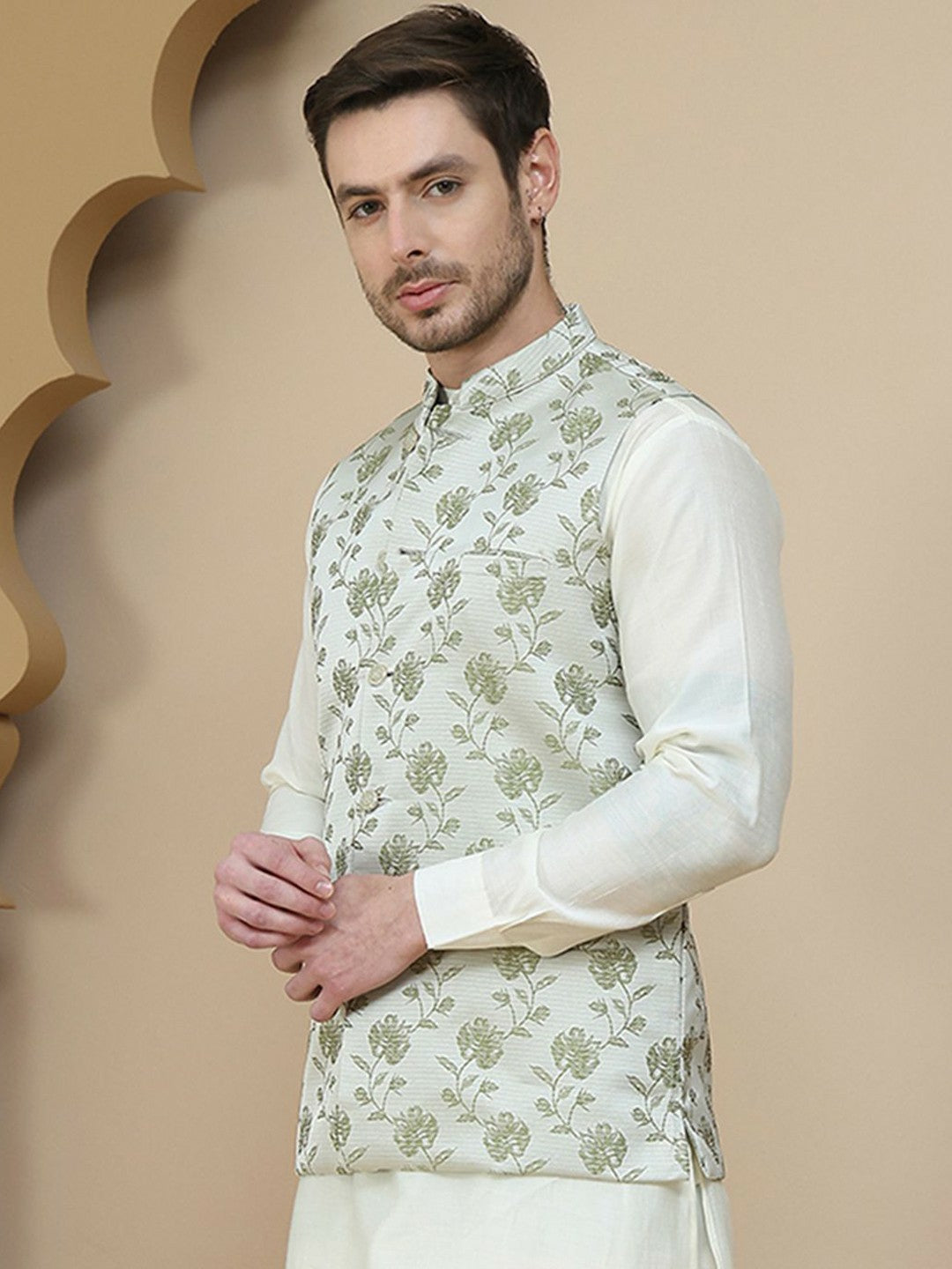 Green Printed Satin Nehru Jacket for Men | indiaista