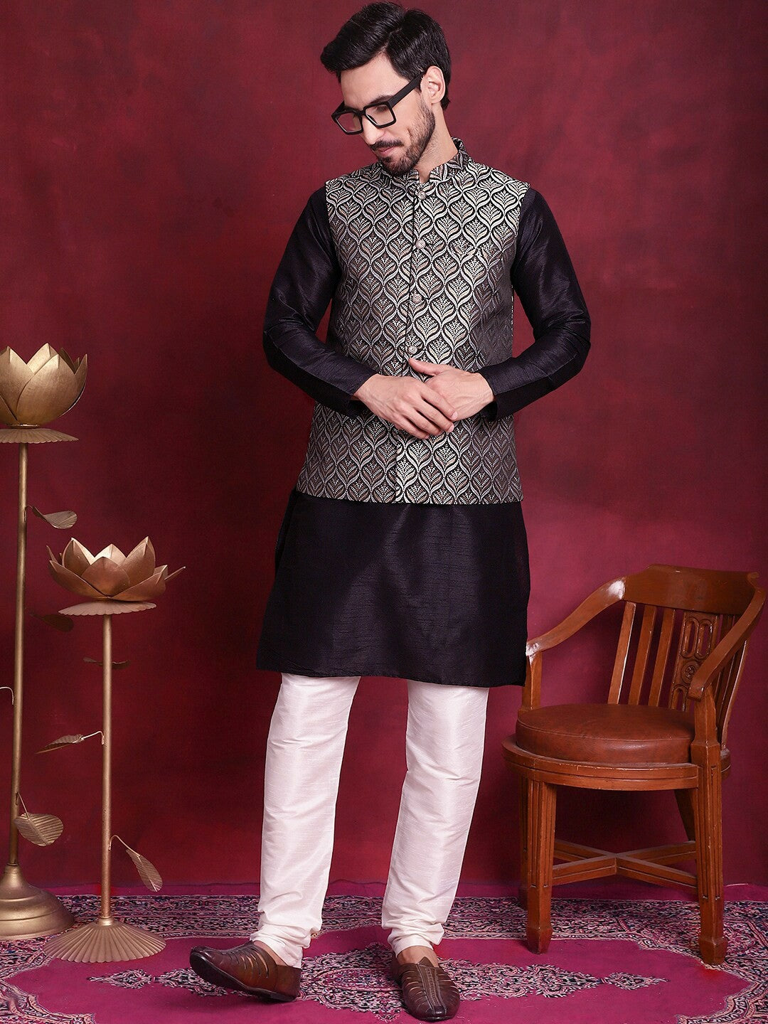 Men’s Black & Silver Nehru Vest – Woven Silk Blend Ethnic Jacket