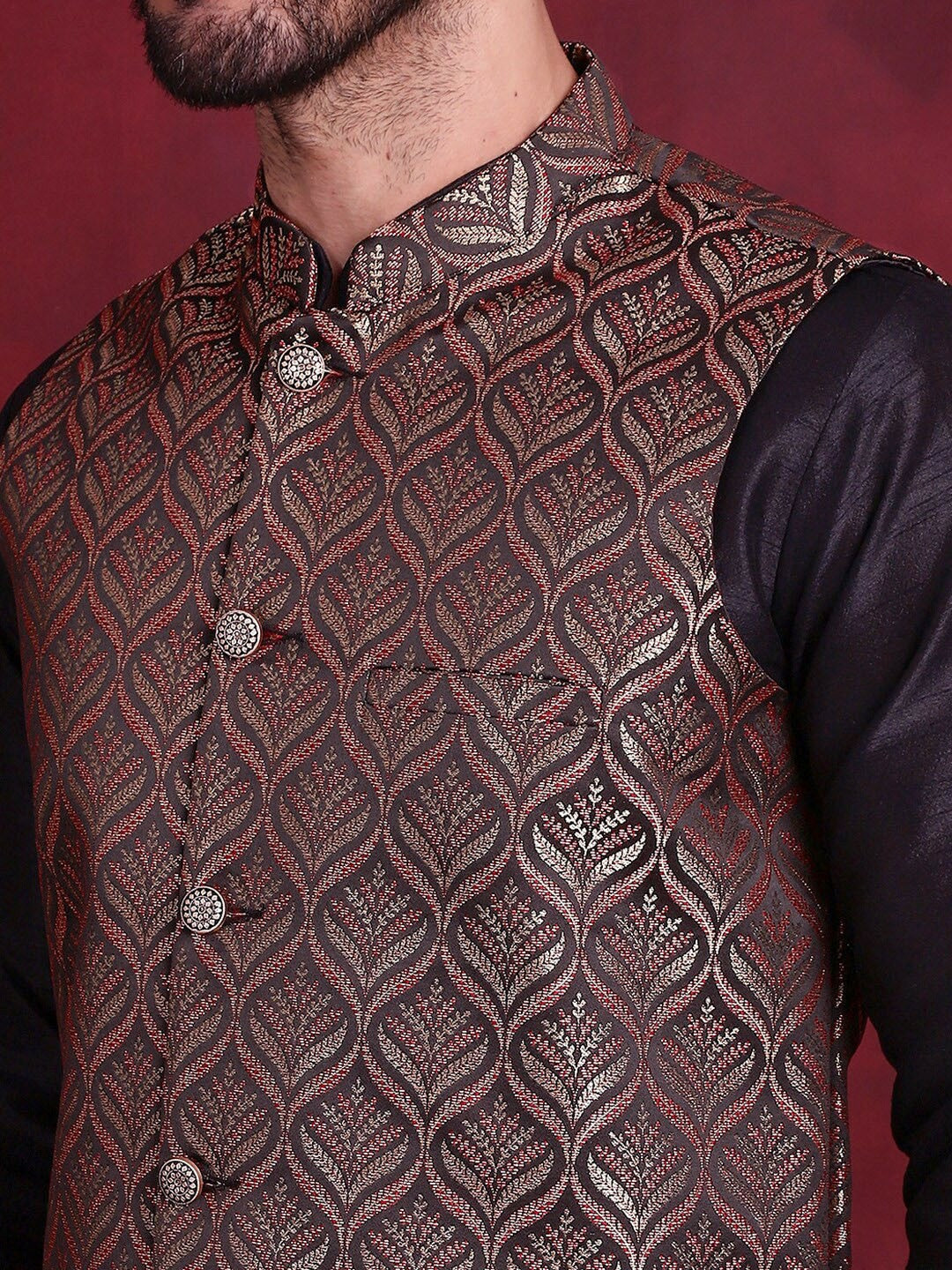 Black & Gold Woven Nehru Vest for Men – Festive Silk Blend Waistcoat