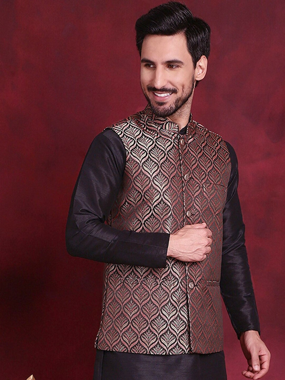 Black & Gold Woven Nehru Vest for Men – Festive Silk Blend Waistcoat