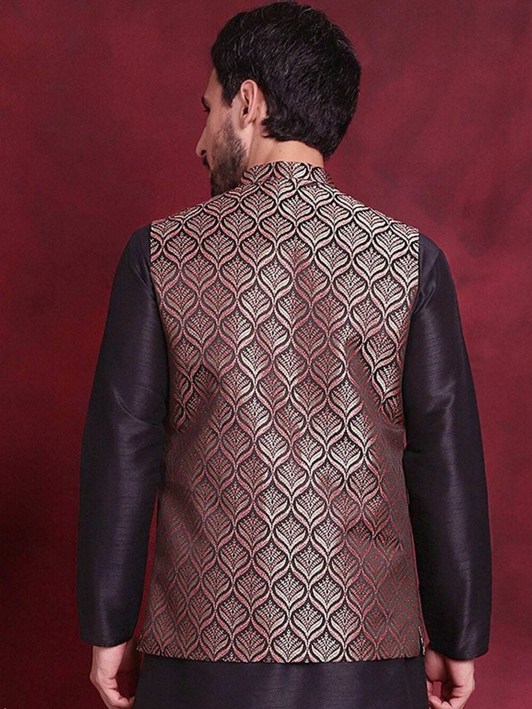 Black & Gold Woven Nehru Vest for Men – Festive Silk Blend Waistcoat