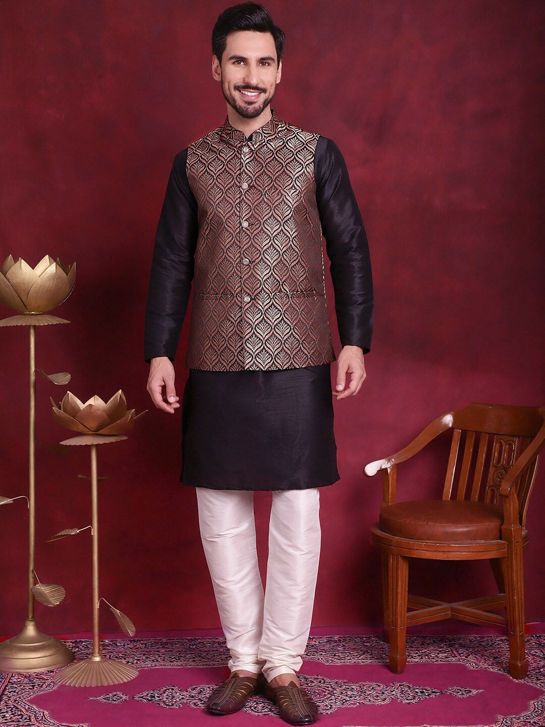 Black & Gold Woven Nehru Vest for Men – Festive Silk Blend Waistcoat
