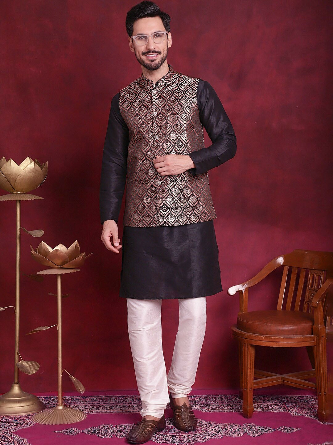 Black & Gold Woven Nehru Vest for Men – Festive Silk Blend Waistcoat