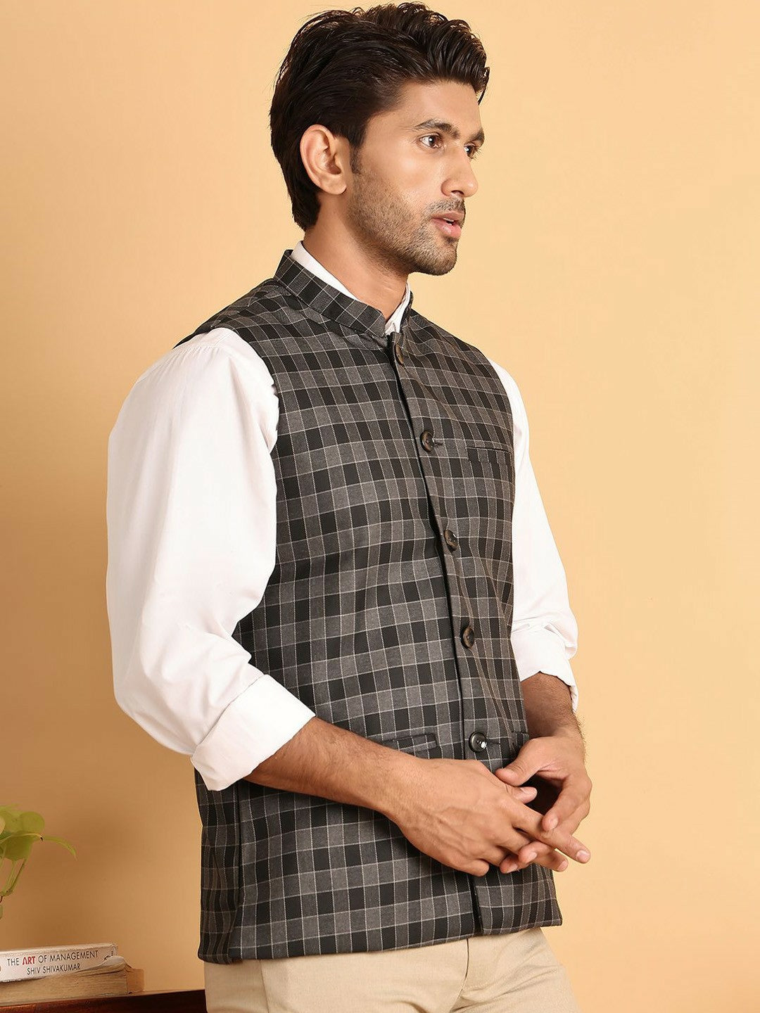 Men’s Grey & Black Checked Cotton Nehru Vest – Classic Ethnic Layer