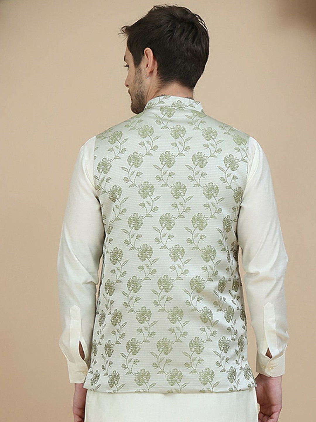 Green Printed Satin Nehru Jacket for Men | indiaista