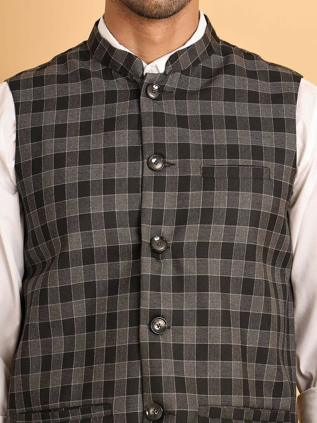 Men’s Grey & Black Checked Cotton Nehru Vest – Classic Ethnic Layer