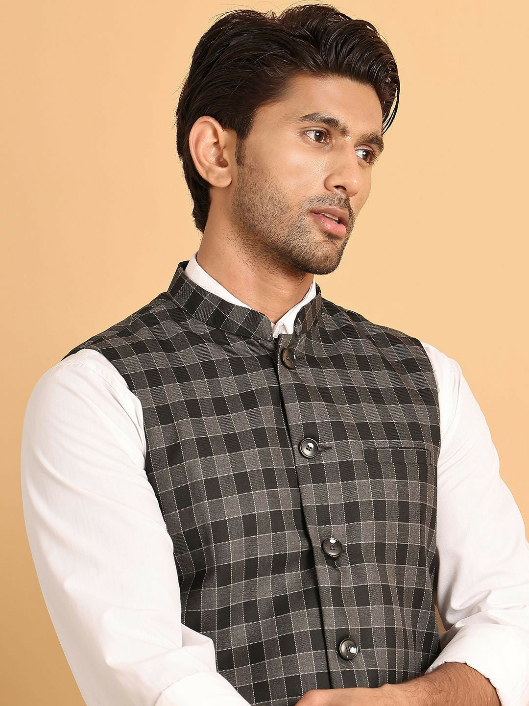 Men’s Grey & Black Checked Cotton Nehru Vest – Classic Ethnic Layer