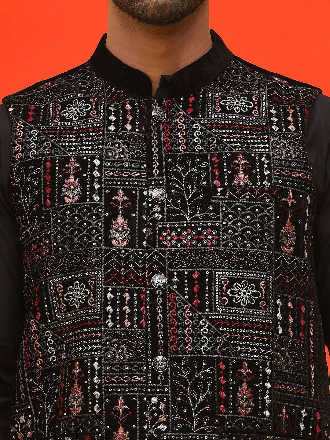 Men’s Black Embroidered Velvet Nehru Jacket – Royal Sleeveless Vest