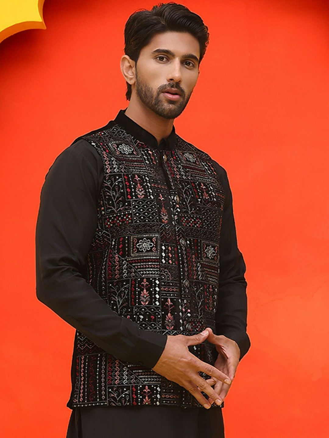 Men’s Black Embroidered Velvet Nehru Jacket – Royal Sleeveless Vest