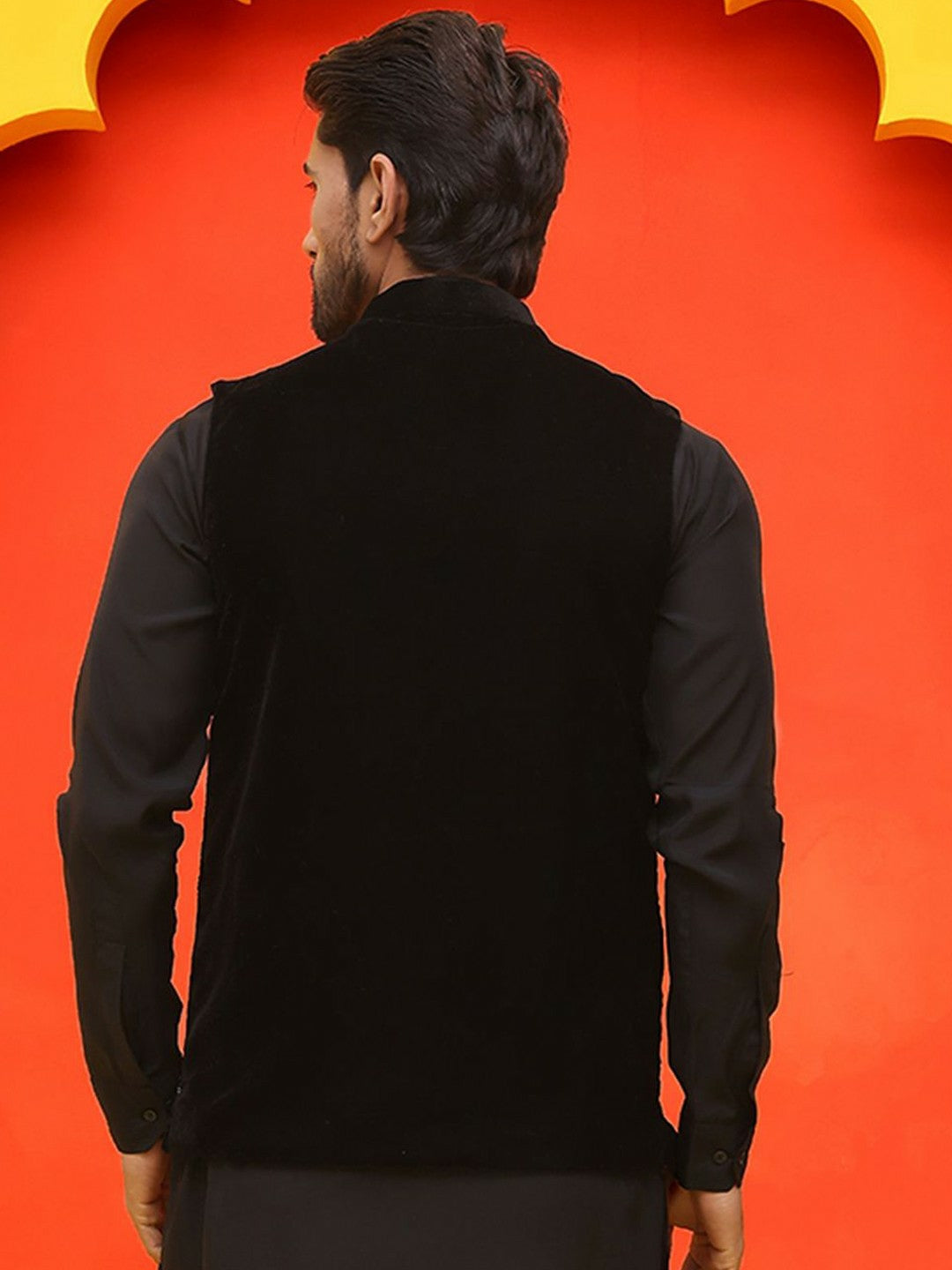Men’s Black Embroidered Velvet Nehru Jacket – Royal Sleeveless Vest