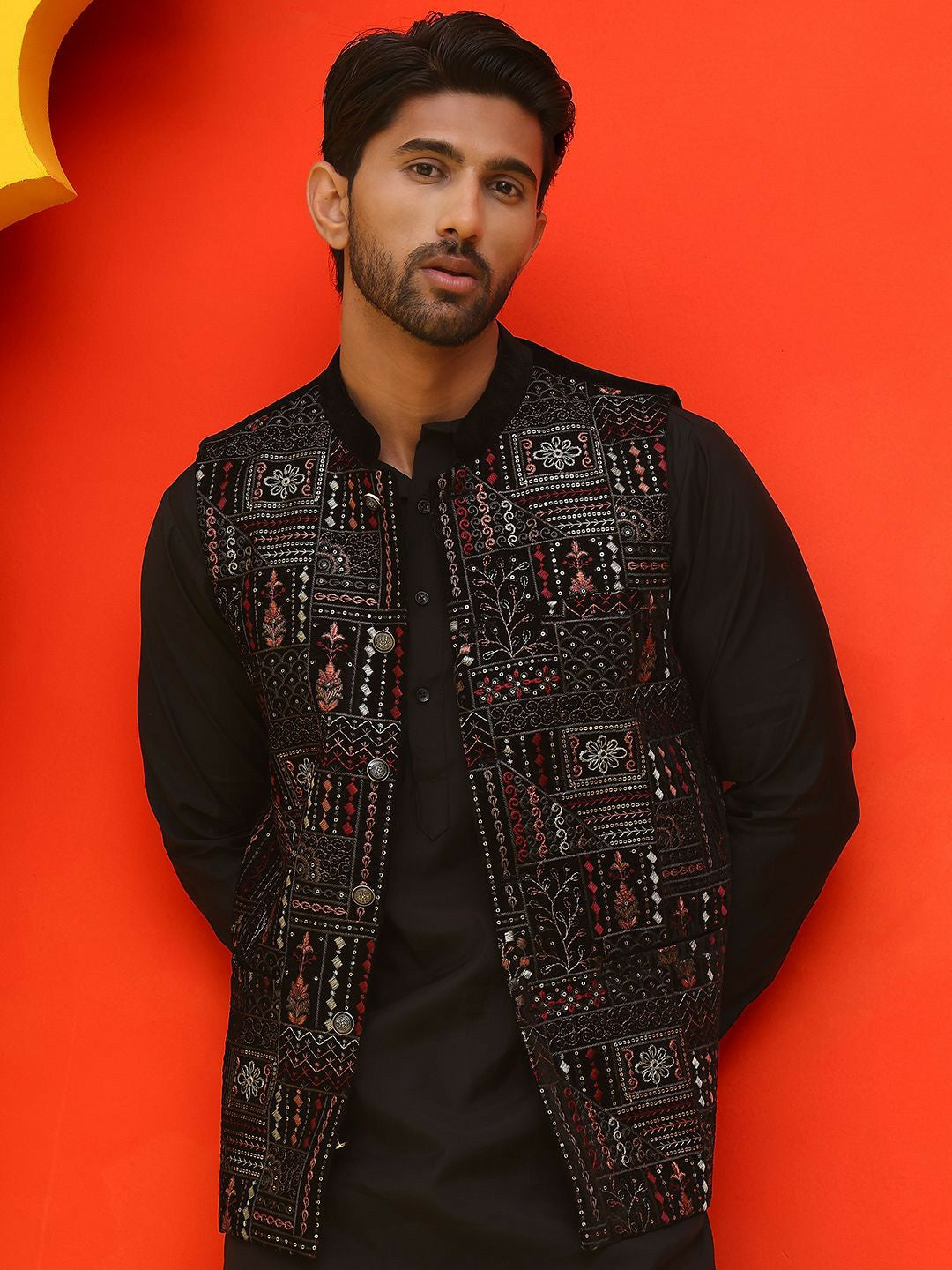 Men’s Black Embroidered Velvet Nehru Jacket – Royal Sleeveless Vest