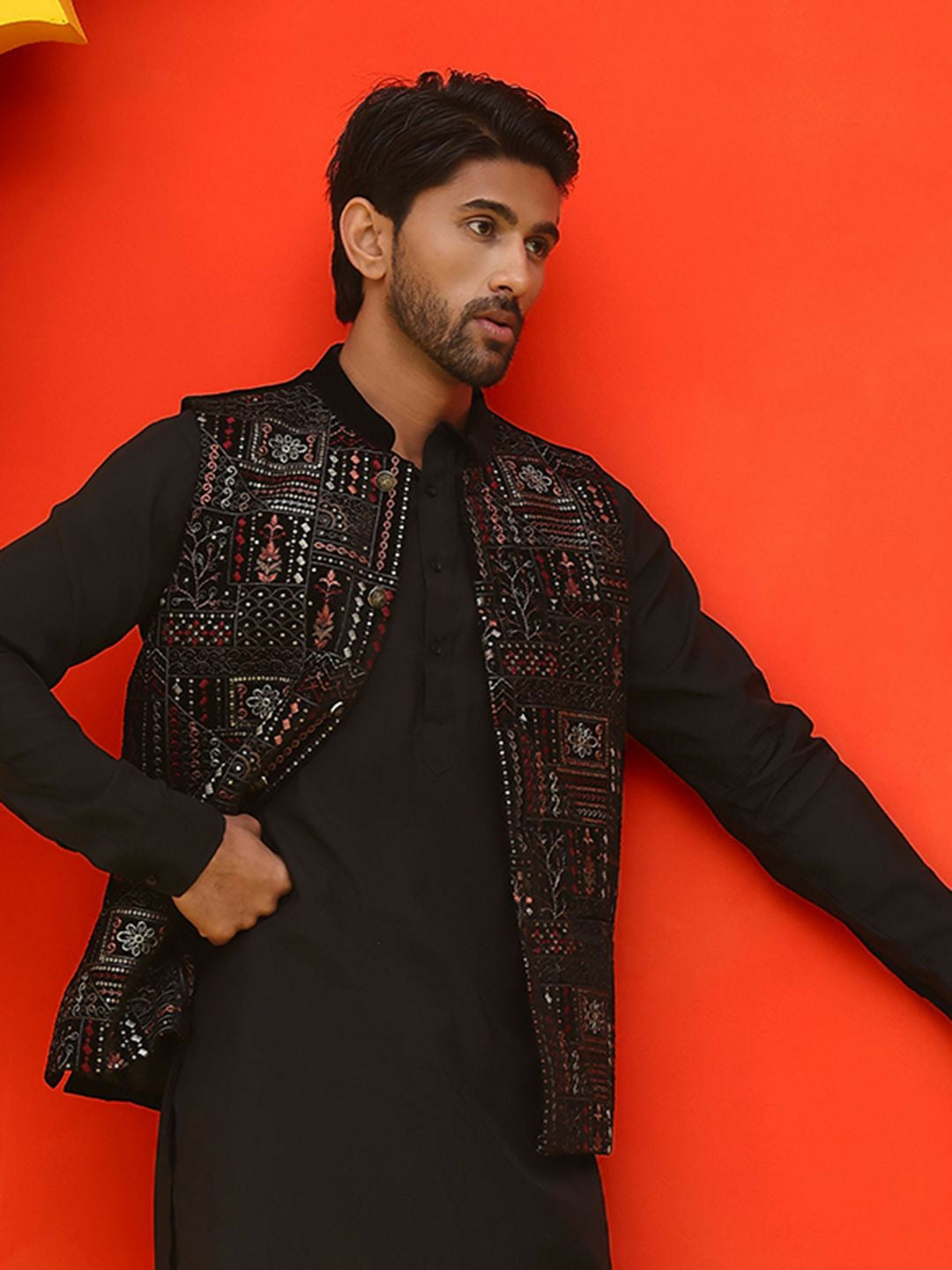 Men’s Black Embroidered Velvet Nehru Jacket – Royal Sleeveless Vest