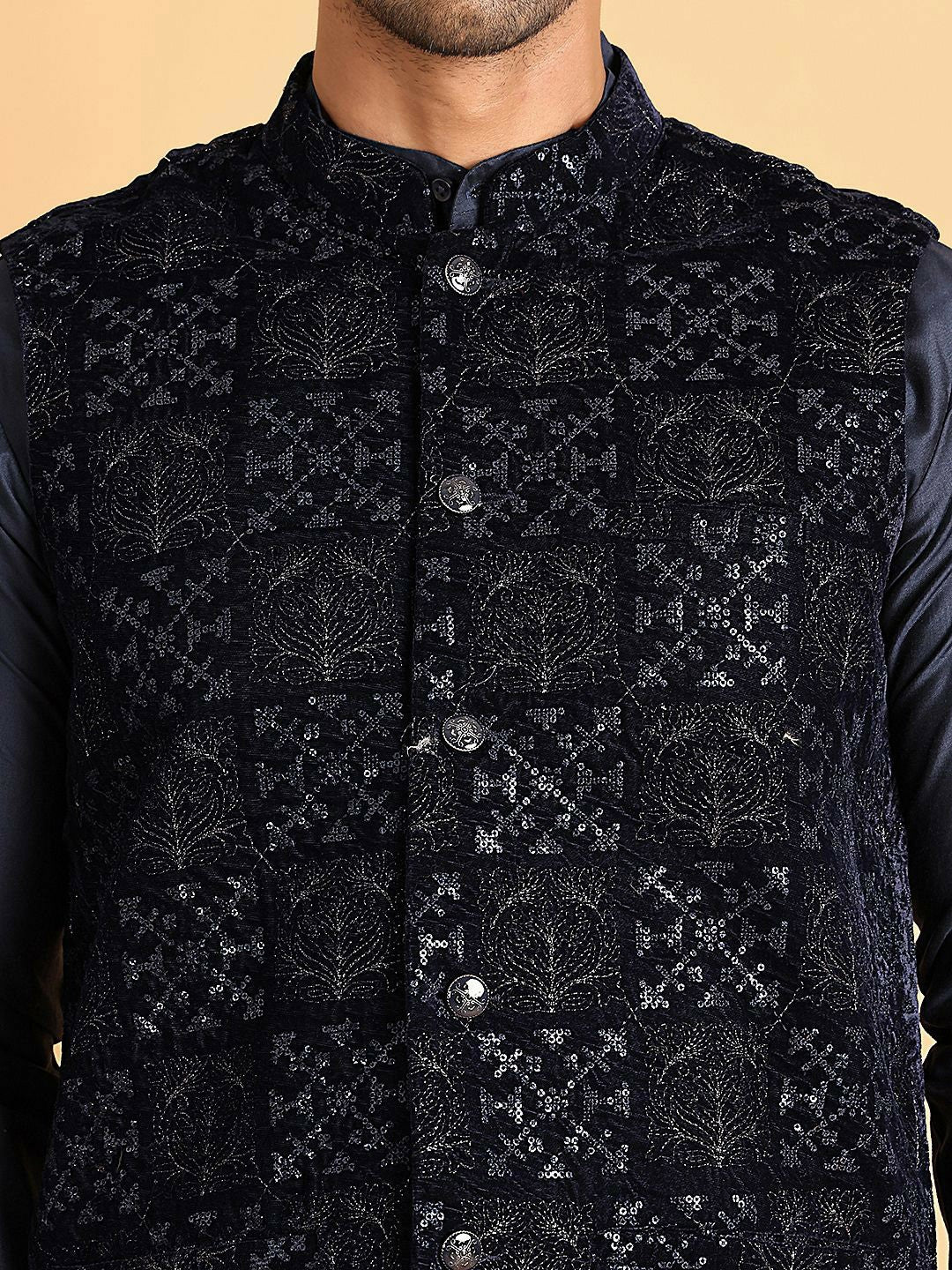 Men’s Navy Blue Velvet Nehru Jacket – Embroidered Festive Waistcoat