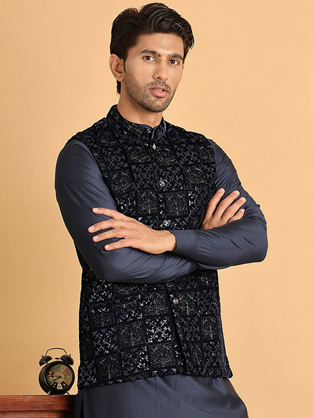 Men’s Navy Blue Velvet Nehru Jacket – Embroidered Festive Waistcoat