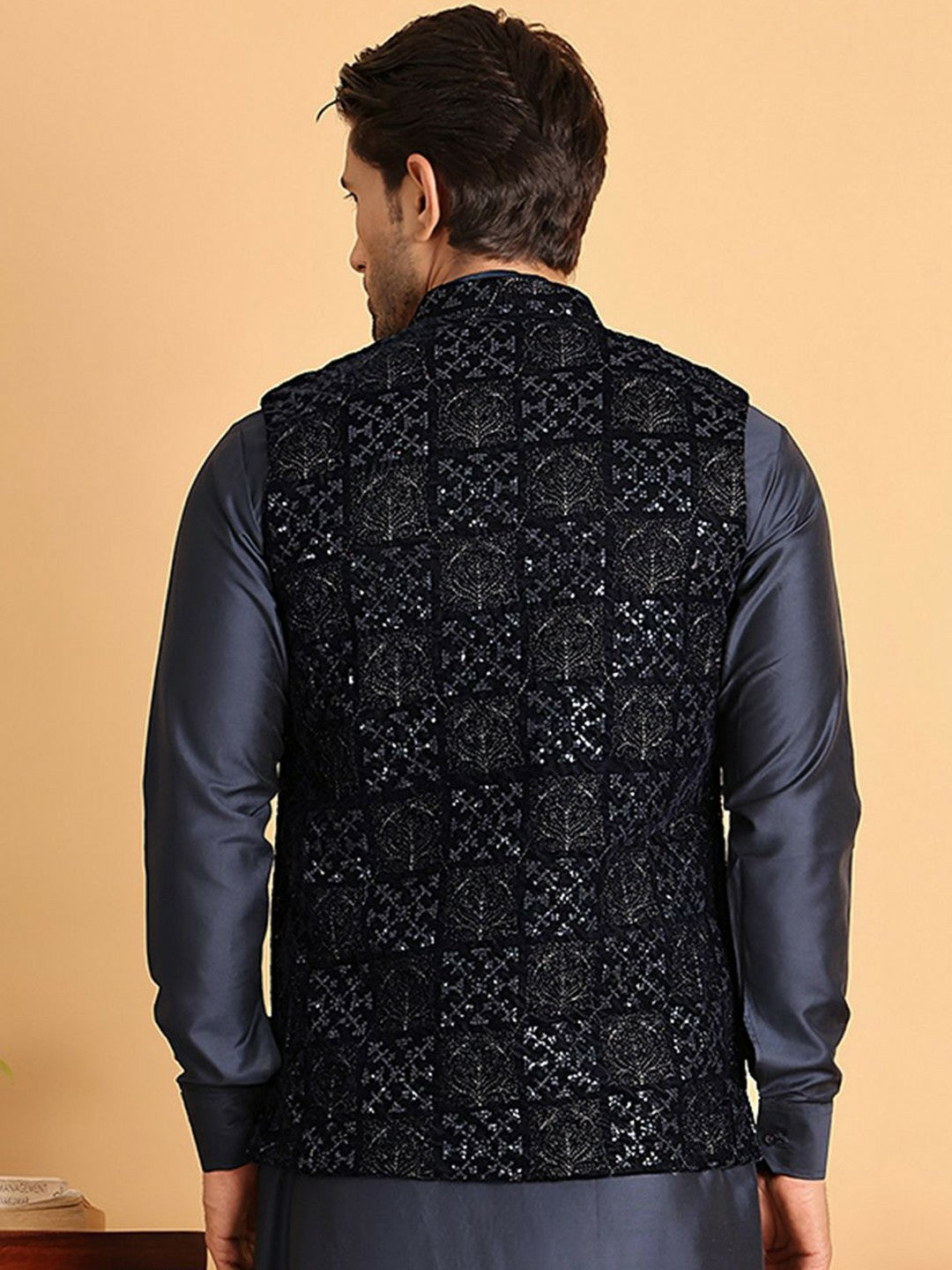 Men’s Navy Blue Velvet Nehru Jacket – Embroidered Festive Waistcoat