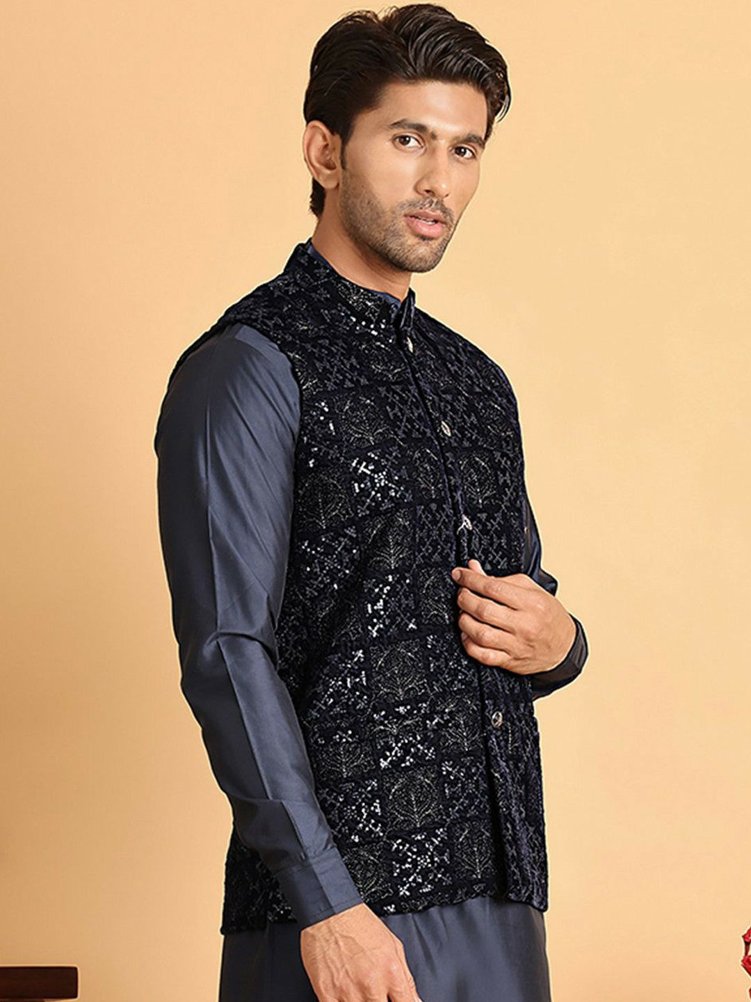 Men’s Navy Blue Velvet Nehru Jacket – Embroidered Festive Waistcoat