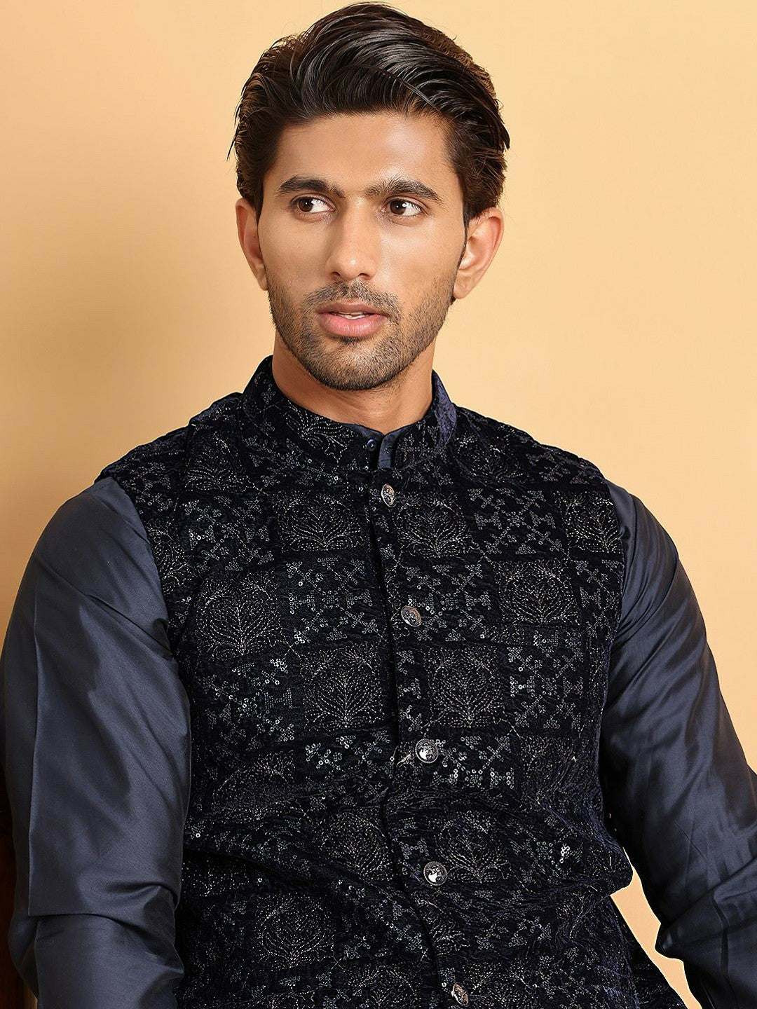 Men’s Navy Blue Velvet Nehru Jacket – Embroidered Festive Waistcoat