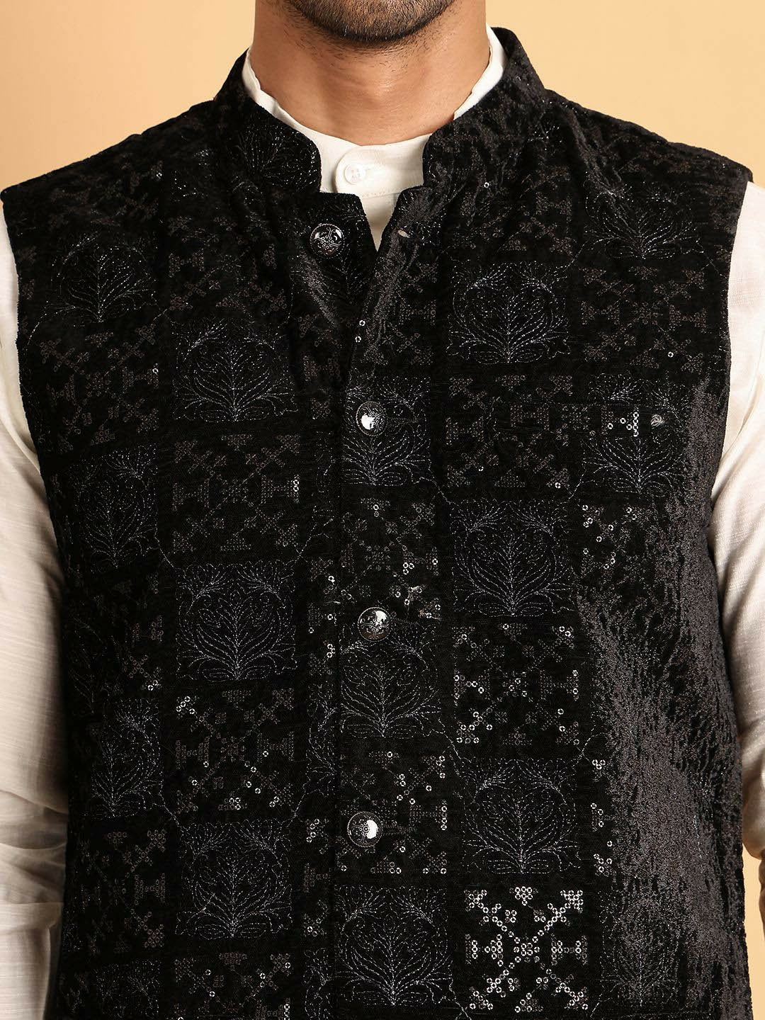 Men’s Black Embroidered Velvet Nehru Vest – Formal Ethnic Waistcoat