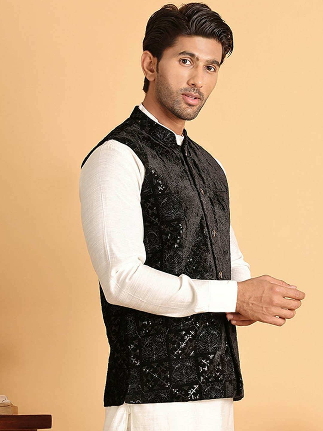 Men’s Black Embroidered Velvet Nehru Vest – Formal Ethnic Waistcoat