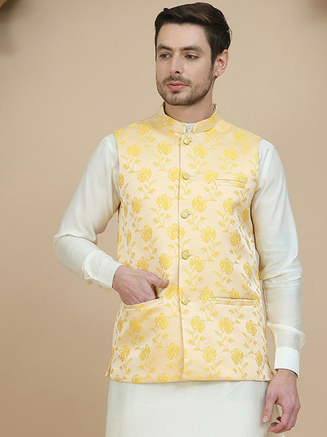 Yellow Embroidered Woven Satin Nehru Jacket for Men | indiaista